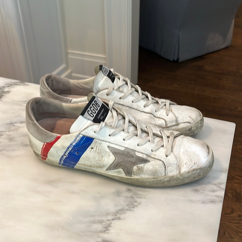 Golden Goose White Sneakers with Red and Blue Accents